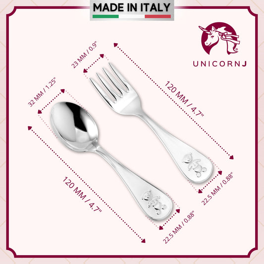 Sterling Silver Baby Spoon and Fork Set Personalized Engravable Keepsake | Teddy Bear Design