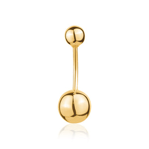 Top-view of 14k yellow gold navel ring with single bead Top-view of 14k yellow gold navel ring with single bead