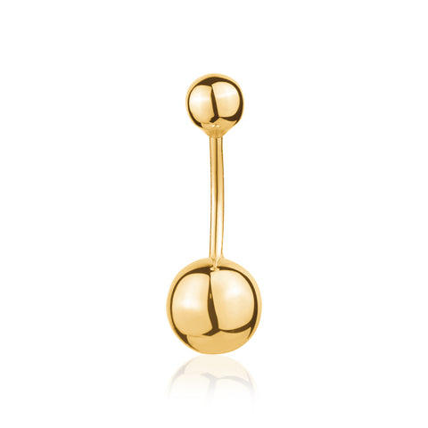 Top-view of 14k yellow gold navel ring with single bead Top-view of 14k yellow gold navel ring with single bead