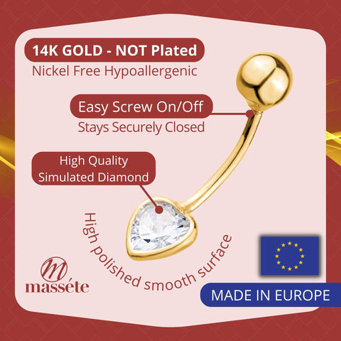 Heart Belly Ring 14k Yellow Gold Navel Ring Belly Button Ring 16 Gauge Simulated Diamond Gemstone Body Piercing Jewelry Heart Belly Ring 14k Yellow Gold Navel Ring Belly Button Ring 16 Gauge Simulated Diamond Gemstone Body Piercing Jewelry