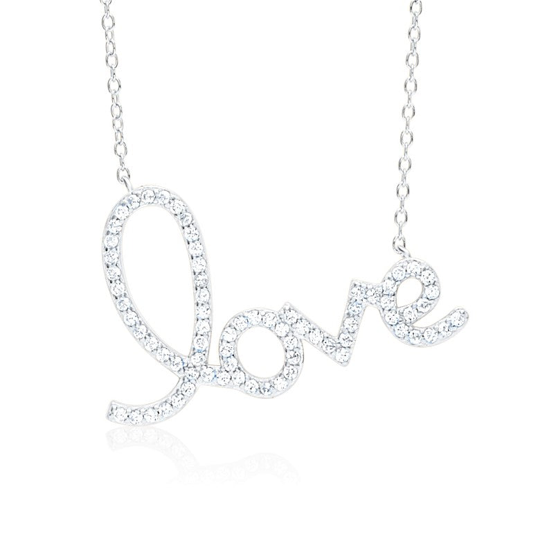 Script Love Necklace Pendant Sterling Silver 925 Yellow Gold Plated with Simulated Diamonds 17