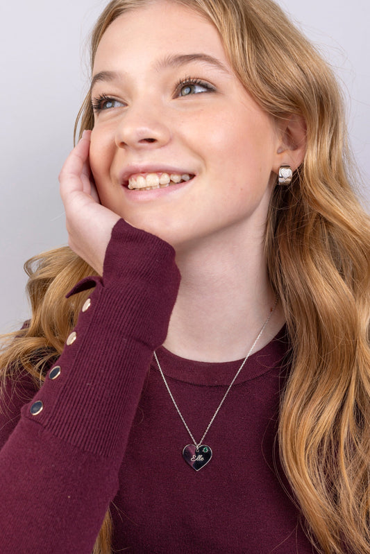 Teen girl wearing engraved birthstone necklace - back to school jewelry by Massete