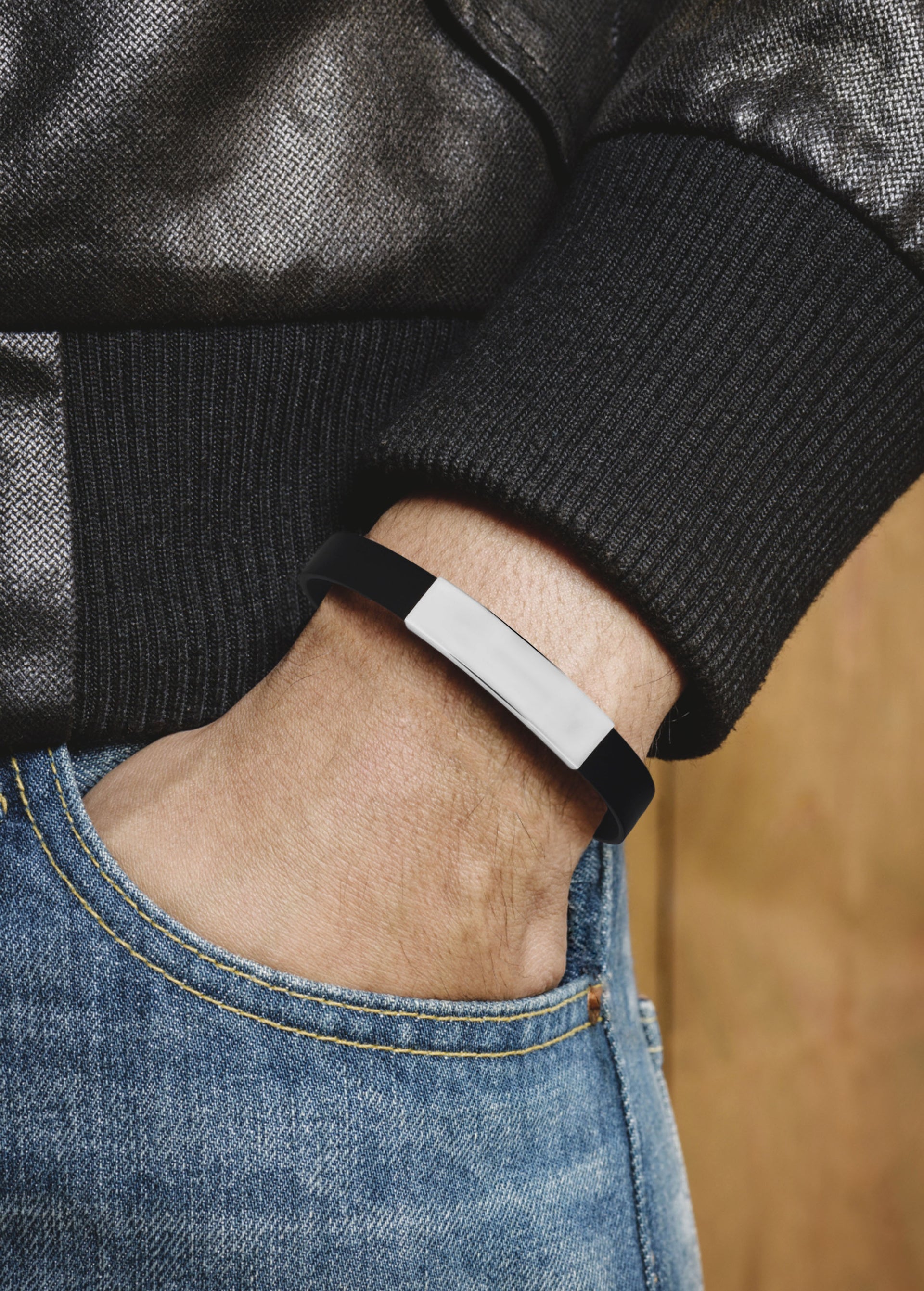Mens Engravable Bracelet Worn on Male Hand 