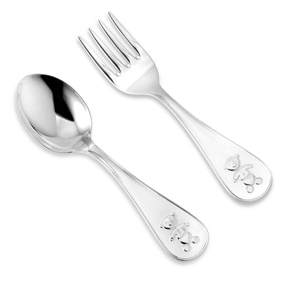 Sterling silver baby spoon and fork set with teddy bear engravings