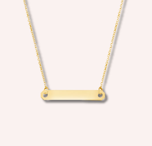14K yellow gold engravable horizontal bar pendant on cable chain