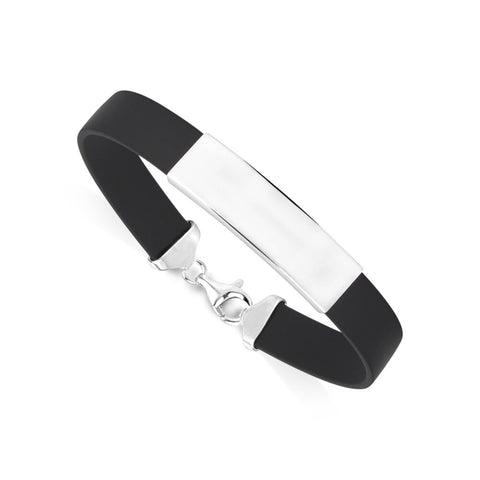 Sterling Silver 925 Engravable Bracelet Mens ID Bar Bracelet with Black Rubber Band 8 inches