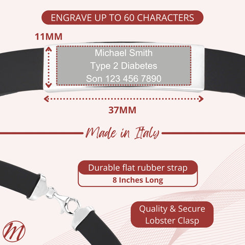 Sterling Silver 925 Engravable Bracelet Mens ID Bar Bracelet with Black Rubber Band 8 inches