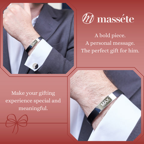 Sterling Silver 925 Engravable Bracelet Mens ID Bar Bracelet with Black Rubber Band 8 inches