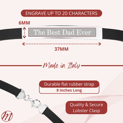 Sterling Silver 925 Engravable Bracelet Mens ID Bar Bracelet with Black Rubber Band 8 inches