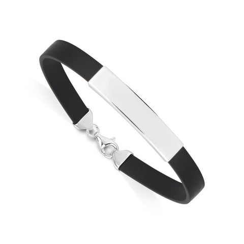 Sterling Silver 925 Engravable Bracelet Mens ID Bar Bracelet with Black Rubber Band 8 inches