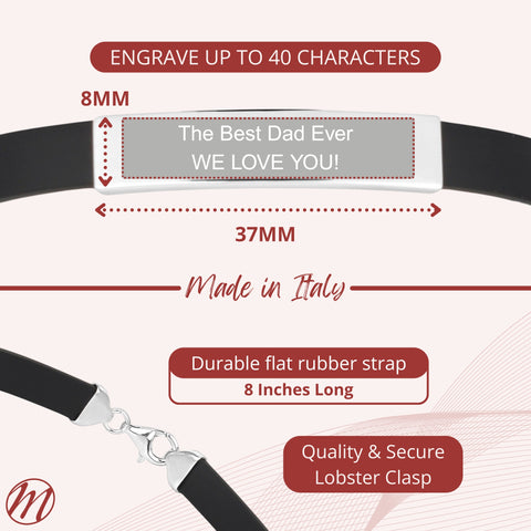 Sterling Silver 925 Engravable Bracelet Mens ID Bar Bracelet with Black Rubber Band 8 inches
