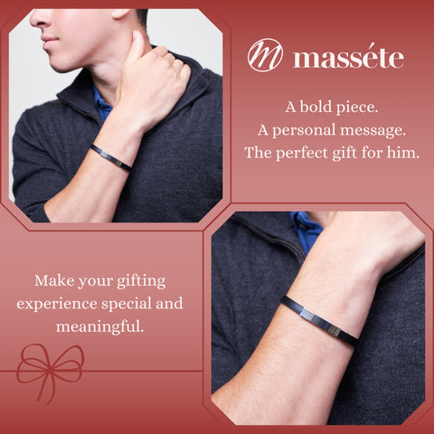 Sterling Silver 925 Engravable Bracelet Mens ID Bar Bracelet with Rubber Band 7.25"