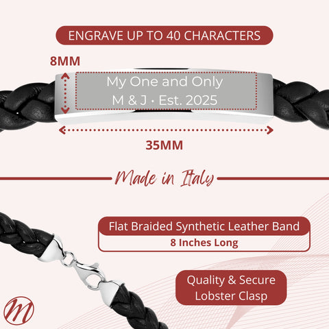 Sterling Silver 925 Men's ID Bracelet - Flat Braided Eco-Friendly Synthetic Leather Band - Engravable