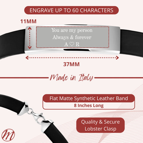 Sterling Silver 925 Men's ID Bracelet - Flat Matte Eco-Friendly Synthetic Leather Band - Engravable