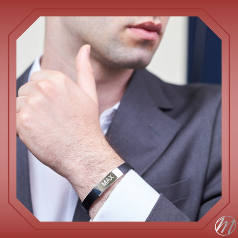 Sterling Silver 925 Men's ID Bracelet - Flat Matte Eco-Friendly Synthetic Leather Band - Engravable