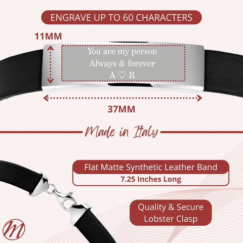 Sterling Silver 925 Men's ID Bracelet - Flat Matte Eco-Friendly Synthetic Leather Band - Engravable