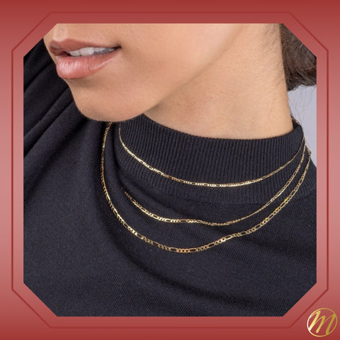 14K Solid Yellow Gold Figaro Link Chain 3+1 Necklace for Women and Girls Made in Italy - Width 1.5mm