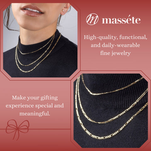 14K Solid Yellow Gold Figaro Link Chain 3+1 Necklace for Women and Girls Made in Italy - Width 1.5mm