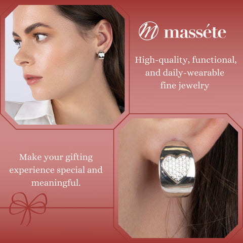 Sterling Silver Wide Hoop Huggie Earrings Simulated Diamonds Heart Polished Shiny French Clip