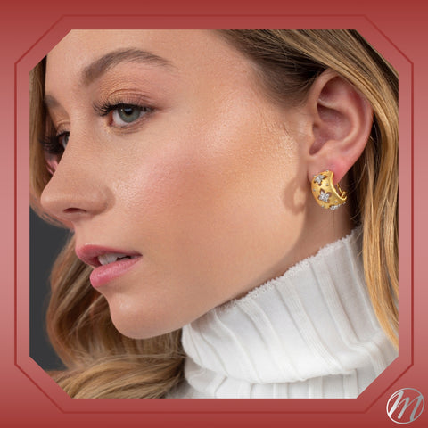 Sterling Silver Wide Hoop Earrings Simulated Diamonds Yellow Gold Plated Satin Designer Inspired French Clip