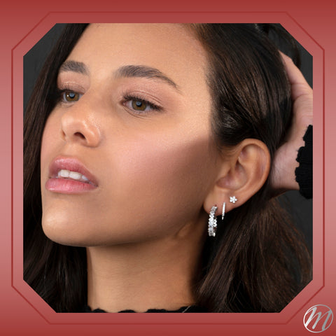 Sterling Silver Hoop Earrings Simulated Diamond baguettes Butterfly Post 24mm