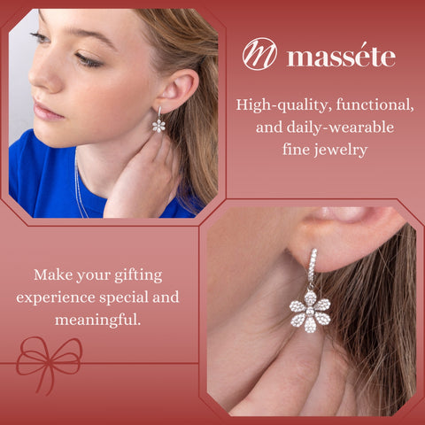 Sterling Silver Earrings for Girls 6 Petal Flower on Hoop with Sparkly Pave Set Simulated Diamonds