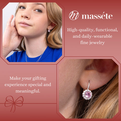 MASSETE Sterling Silver 925 Halo Earrings Leverback for Women and Girls Brilliant Round Premium Simulated Birthstone