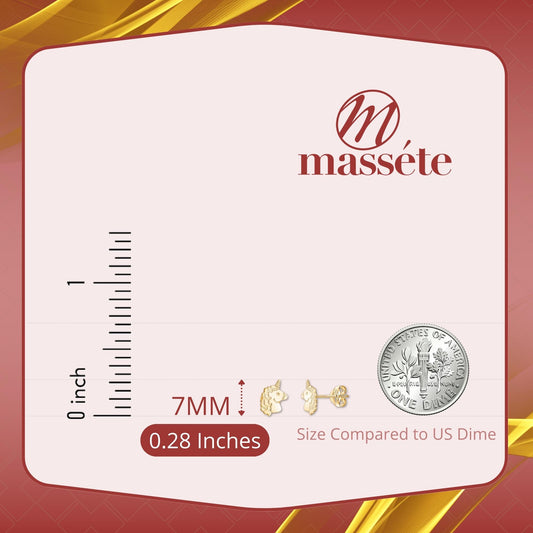 Unicorn stud earrings on size card, 7 mm shown, 14k yellow gold look