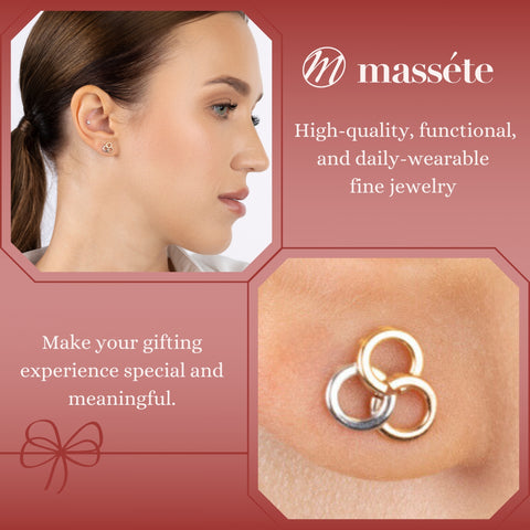 14k Tri Color Gold Borromean Rings Earrings Stud Post Trinity Triple Ring Triangle