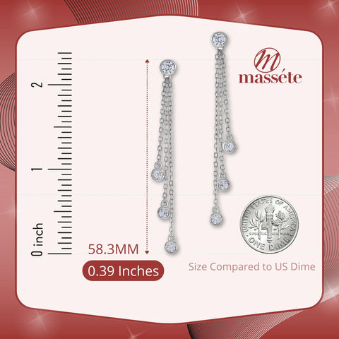 Sterling Silver 925 Triple Strand Long Drop Post Earrings with Bezel Set Simulated Diamonds