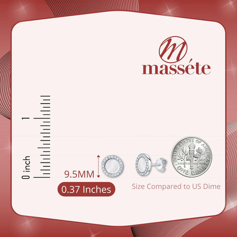 Sterling Silver Disc Stud Earrings Mother of Pearl Simulated Diamonds 10mm