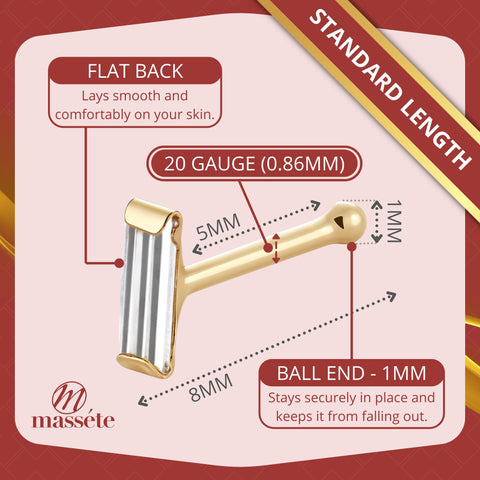 14k Yellow Gold Nose Stud with Simulated Diamond Baguette CZ 20g - Hypoallergenic Threadless Body Piercing Jewelry for Women