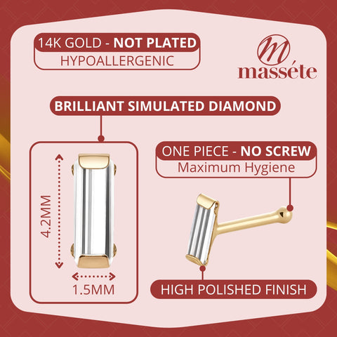 14k Yellow Gold Nose Stud with Simulated Diamond Baguette CZ 20g - Hypoallergenic Threadless Body Piercing Jewelry for Women