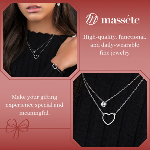 Sterling Silver Necklace Pendant for Girls Large Open Heart with Simulated Diamonds 17.5"