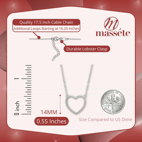 Sterling Silver Necklace Pendant for Girls Large Open Heart with Simulated Diamonds 17.5"