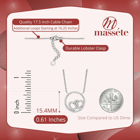 Sterling Silver Necklace Pendant for Girls Circle and Double Heart with Simulated Diamonds 17.5"