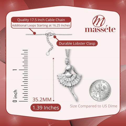 Sterling Silver Necklace Pendant for Girls Ballerina Ballet Dancer with Simulated Diamonds Baguettes 17.5"