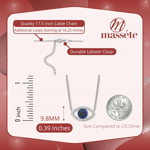 Sterling Silver Necklace Pendant for Girls Symbolic Protective Charm Evil Eye with Simulated Diamonds and Blue Sapphire 17.5"
