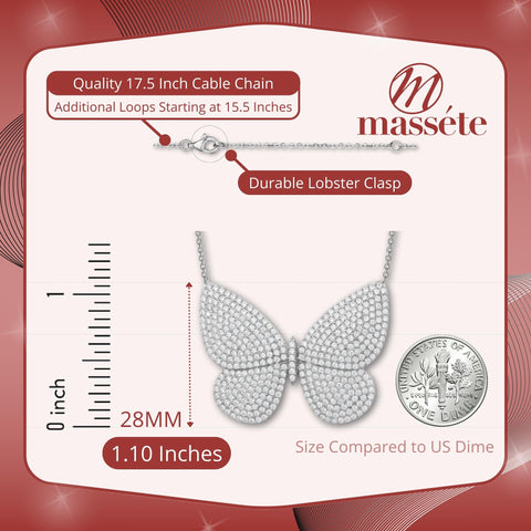 Sterling Silver Necklace Pendant for Girls Very Large Pretty Butterfly with Simulated Diamonds 18"