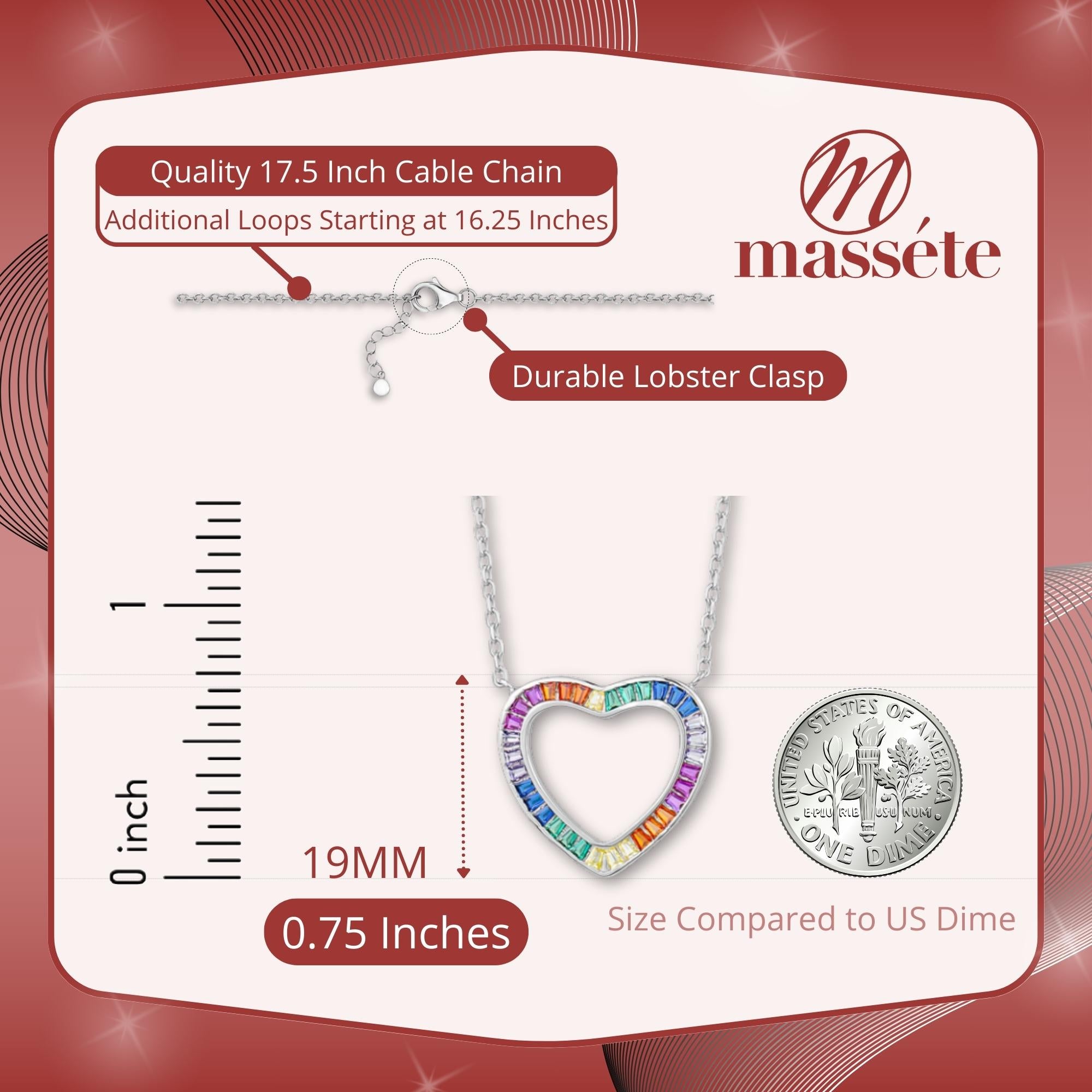 Sterling Silver Rainbow Heart Necklace Pendant for Girls Multi Color Simulated Gemstones tapered baguettes