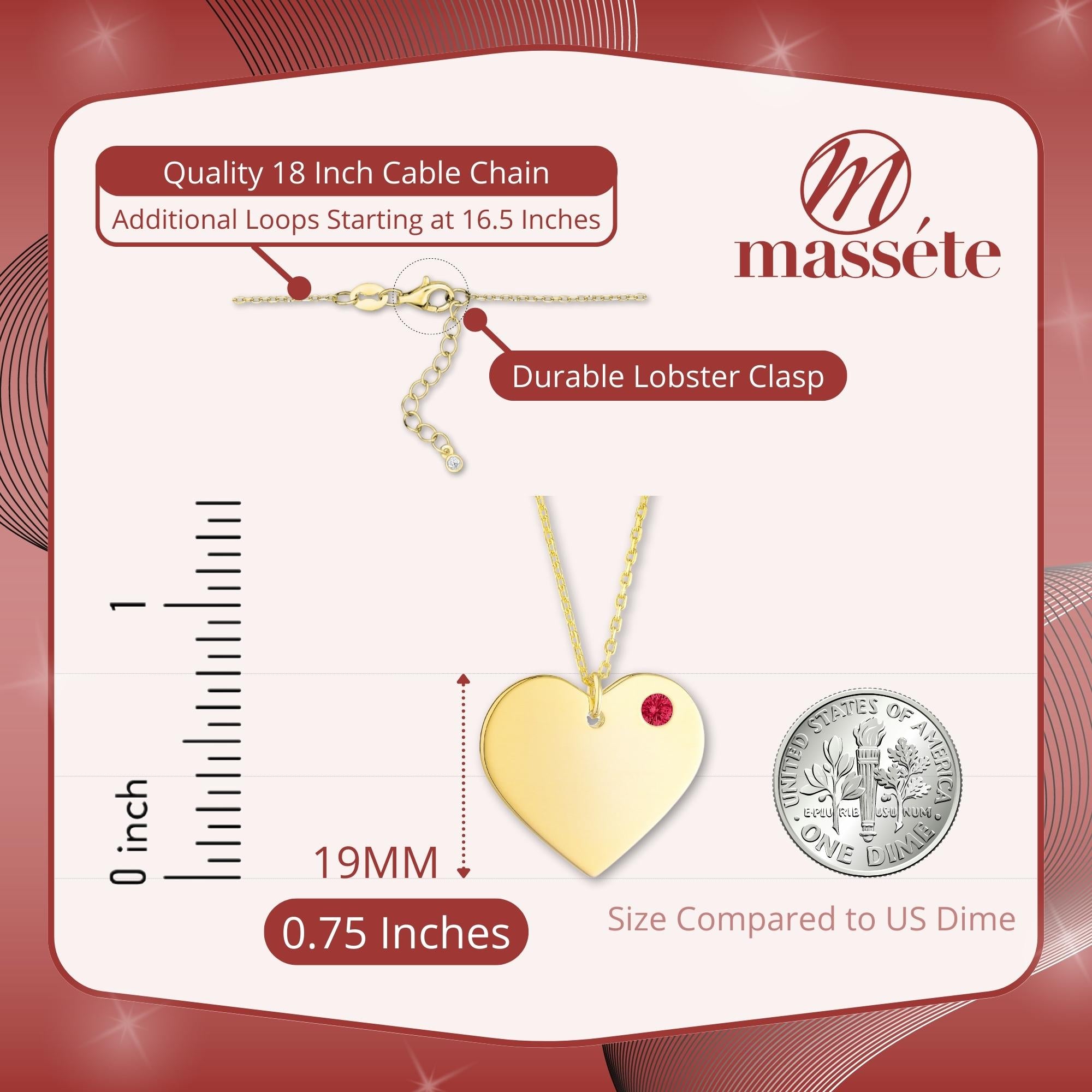 MASSETE Sterling Silver 925 Yellow Gold Plated Personalized Engraved Heart Necklace with Simulated Birthstone Custom Engravable Pendant for Women and Girls