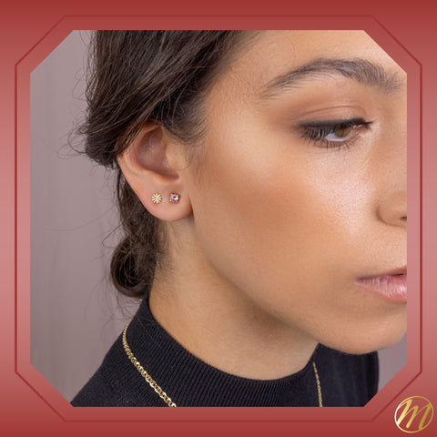 14k Yellow Gold Small Daisy Flower Earrings Stud with Diamond in Center Covered Screwback Closure