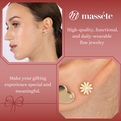 14k Yellow Gold Small Daisy Flower Earrings Stud with Diamond in Center Covered Screwback Closure