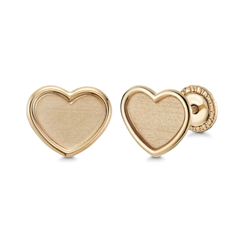 14k Yellow Gold Heart Stud Earrings Matte Finish, Covered Screwback Closure for Girls and Women