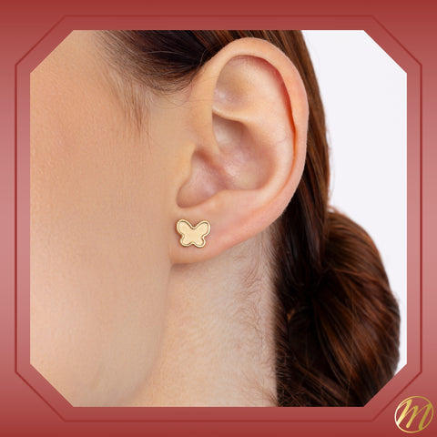 14k Yellow Gold Butterfly Stud Earrings Matte Finish, Covered Screwback Closure for Girls and Women