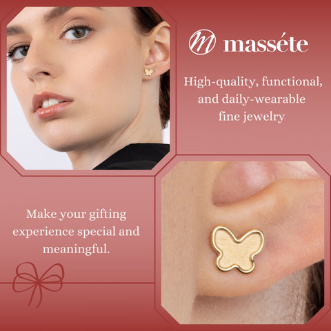 14k Yellow Gold Butterfly Stud Earrings Matte Finish, Covered Screwback Closure for Girls and Women