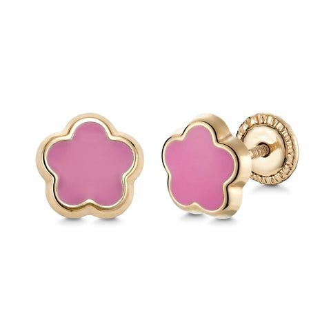 14k Yellow Gold Flower Stud Earrings with Pink Enamel, Covered Screwback Closure for Girls and Women