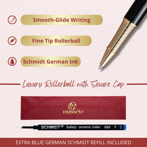 Massete Linea Executive Modern Luxury Rollerball Pen, Glossy Black with 23K Gold Plated Trim, Removable Cap, Engravable, Presented in Gift Box, Extra Refill Included, Fine Tip, Black or Blue Ink