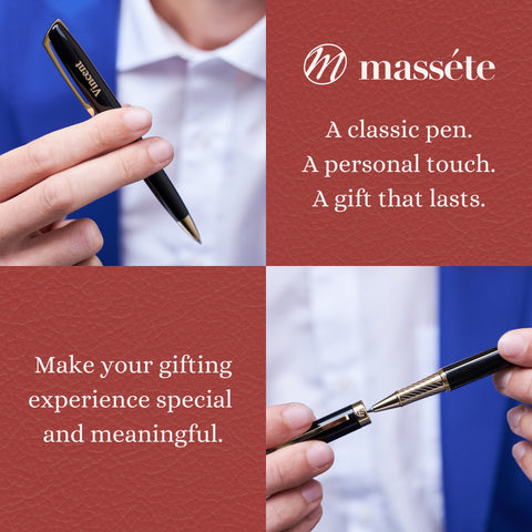 Massete Linea Executive Modern Luxury Rollerball Pen, Glossy Black with 23K Gold Plated Trim, Removable Cap, Engravable, Presented in Gift Box, Extra Refill Included, Fine Tip, Black or Blue Ink