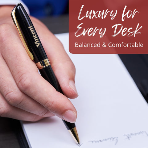 Massete Linea Executive Modern Luxury Ballpoint Pen, Glossy Black with 23K Gold Plated Trim, Twist to Open, Engravable, Presented in Gift Box, Extra Refill Included, Medium Tip, Black or Blue Ink